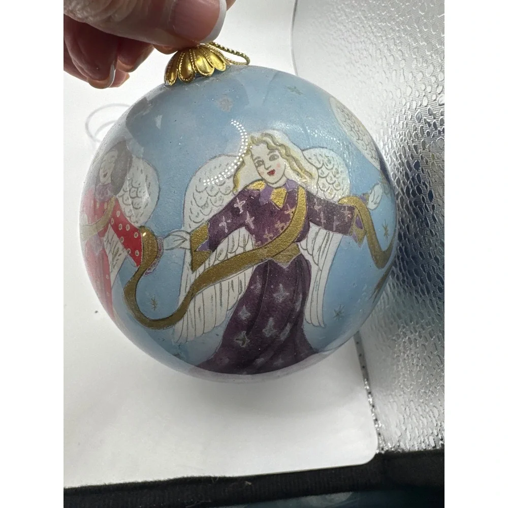 Pier 1 2001 Li Bien Christmas Ornament Hand Painted Glass Angels Blue Large Ball